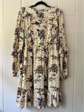 Scotch & Soda Beige and Floral Cottagecore Ruffled Viscose Midi Dress Size Large